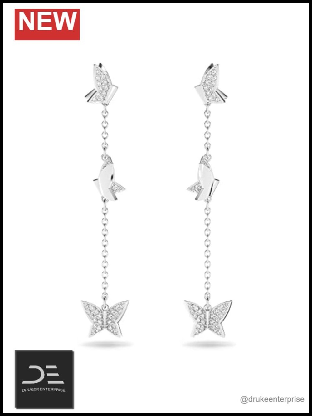 Swarovski Crystal Butterfly Dangle Earrings Rhodium Tone Pierced Pave